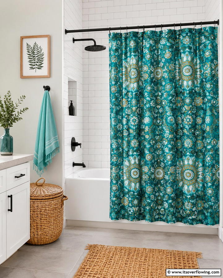 Teal Shower Curtains for a Quick Update - 30 Soothing Teal Bathroom Design Ideas for 2024