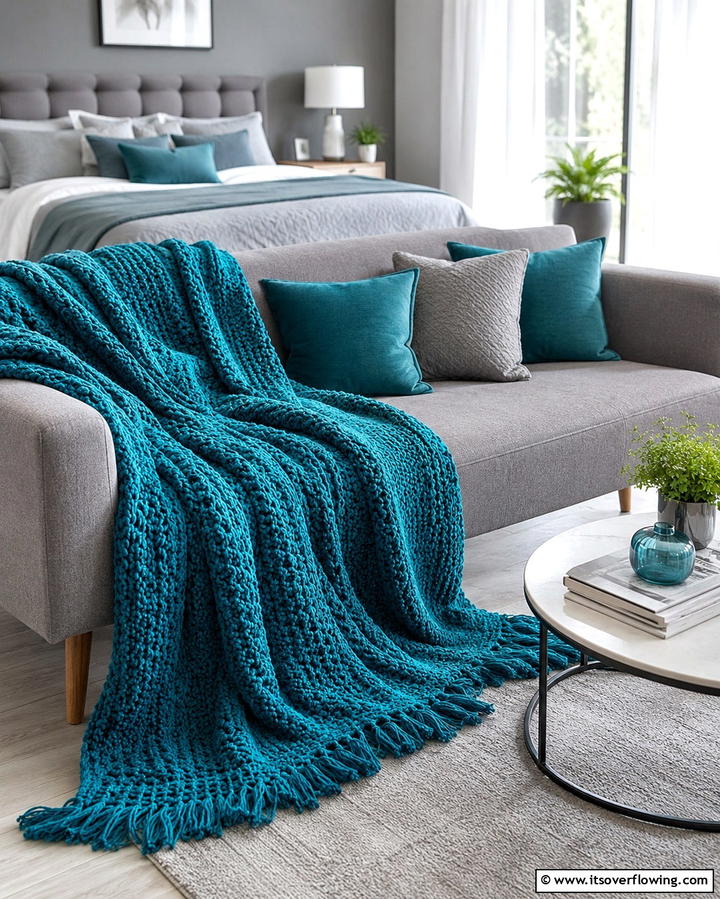Teal Throw Blanket on a Grey Sofa - 20 Teal and Grey Bedroom Ideas for a Modern Look