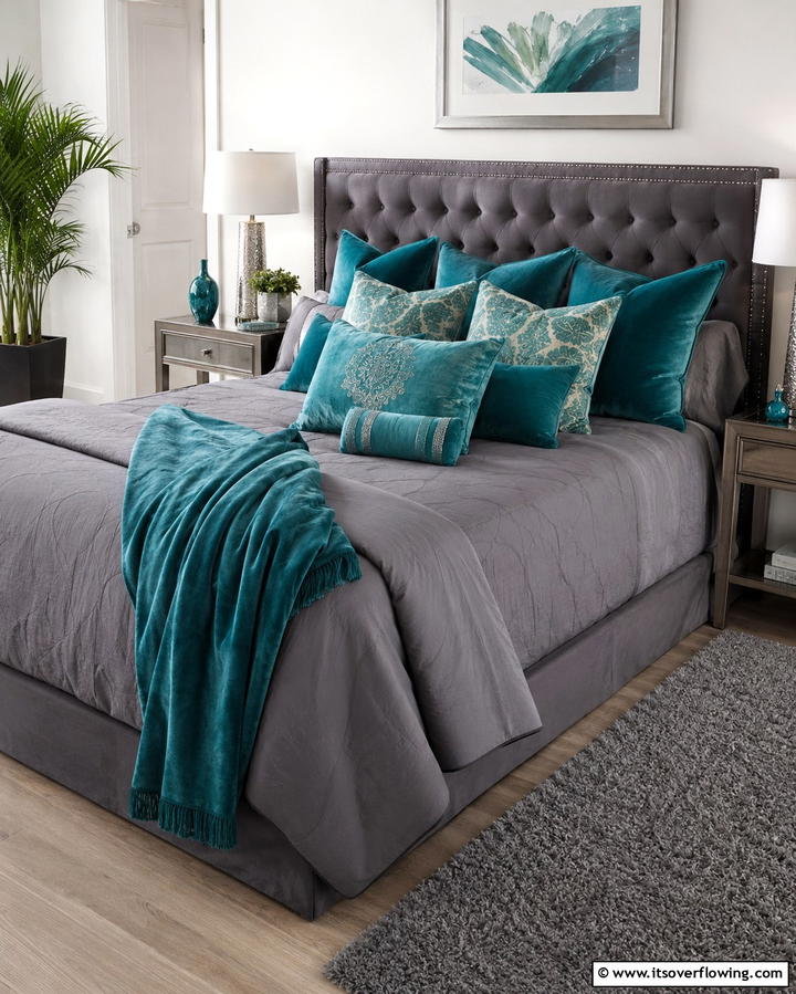 Teal Throw Pillows on a Grey Bedspread - 20 Teal and Grey Bedroom Ideas for a Modern Look