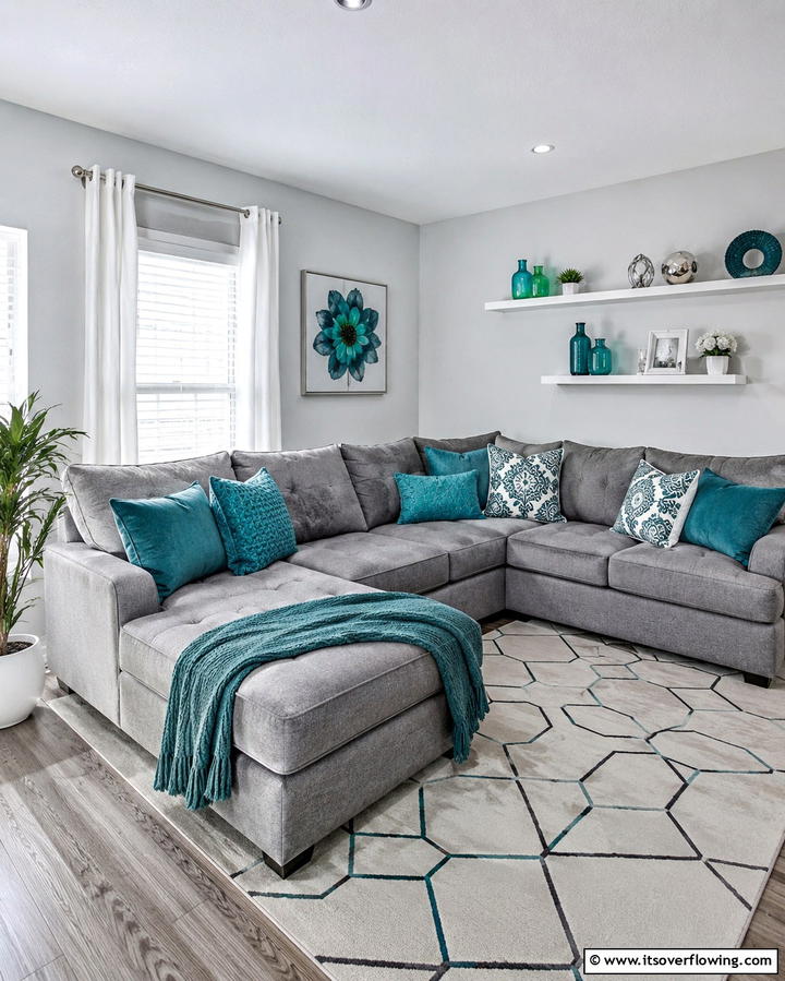 Teal Throw Pillows on a Grey Sectional - 20 Teal and Grey Living Room Ideas for a Bold Aesthetic