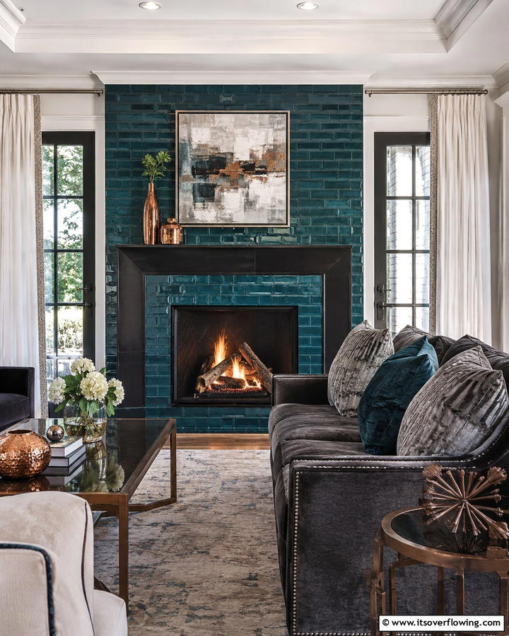 Teal Tile Surround - 25 Green Fireplace Ideas for a Cozy and Eco-Friendly Home