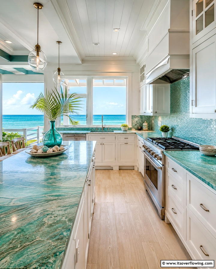 Teal Tinted Green for a Coastal Feel - 25 Kitchen With Green Countertops Ideas for Freshness