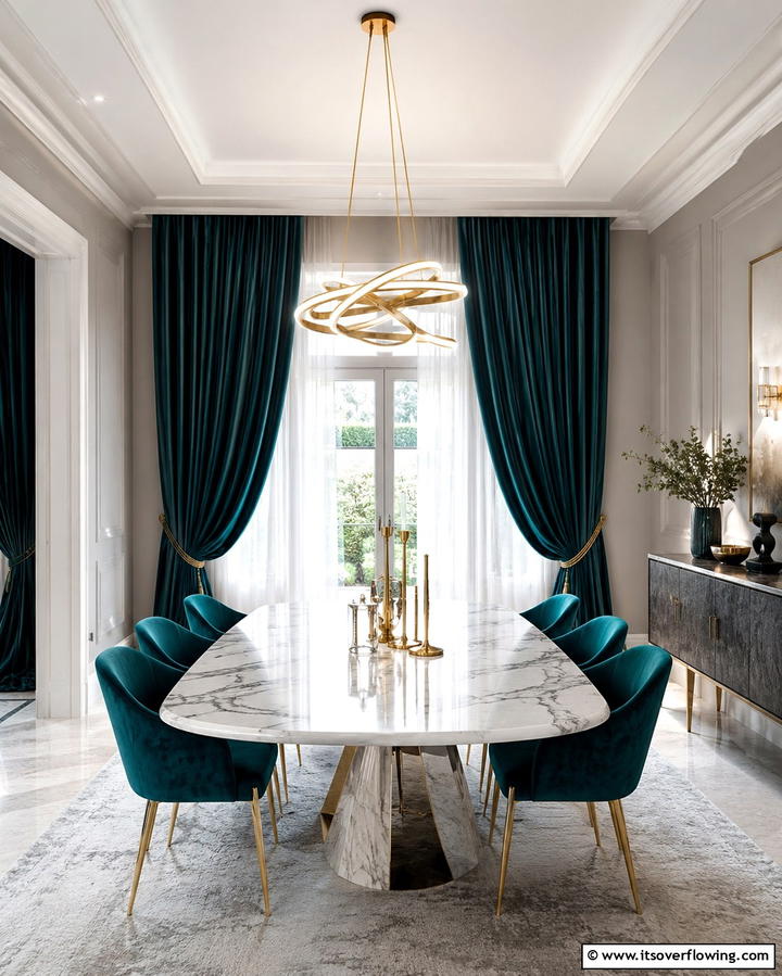 Teal Velvet Curtains for a Luxe Finish - 20 Teal Dining Room Ideas for a Vibrant Space