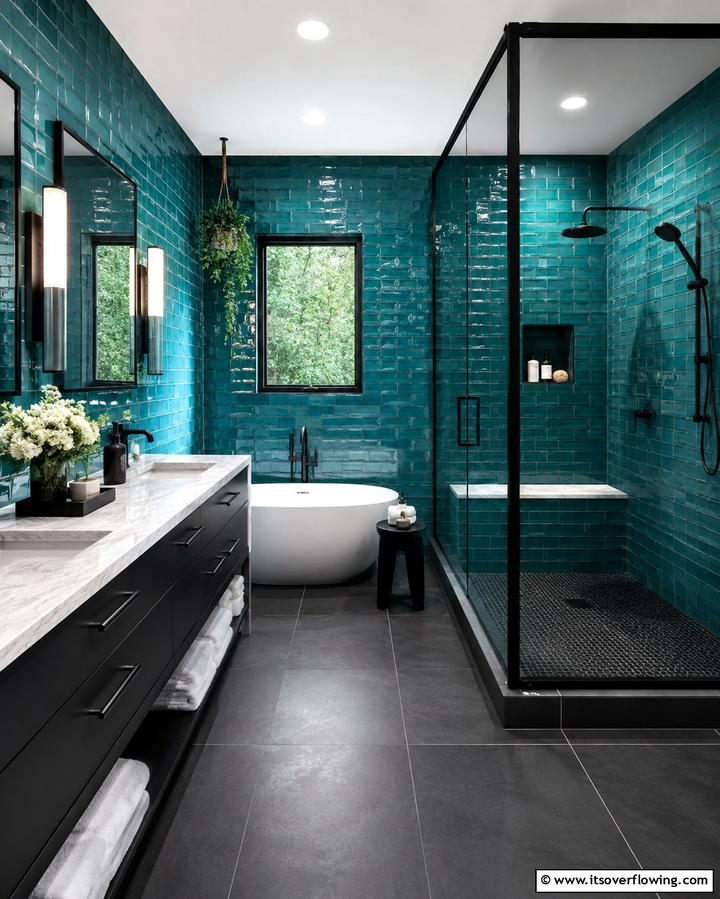 Teal and Black for Dramatic Contrast - 30 Soothing Teal Bathroom Design Ideas for 2024