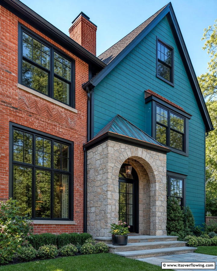 Teal and Brick Fusion for Classic Appeal - 25 Teal House Exterior Ideas for a Bold and Beautiful Look