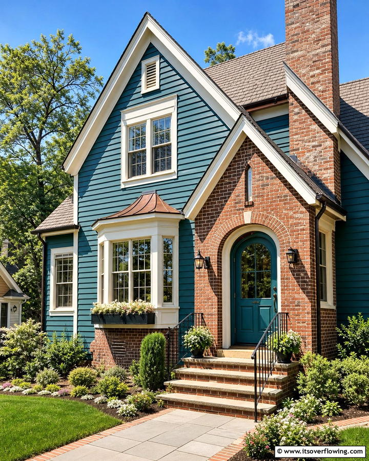 Teal and Brick Fusion - 25 Teal House Exterior Ideas for a Bold and Beautiful Look