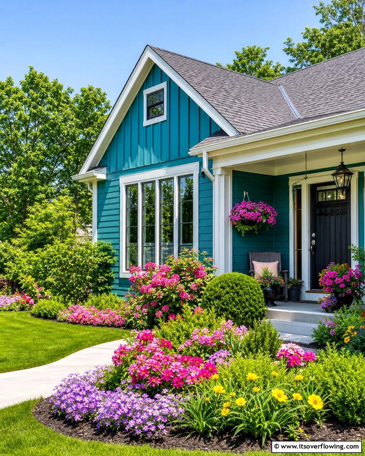Teal and Floral Landscaping Harmony - 25 Teal House Exterior Ideas for a Bold and Beautiful Look
