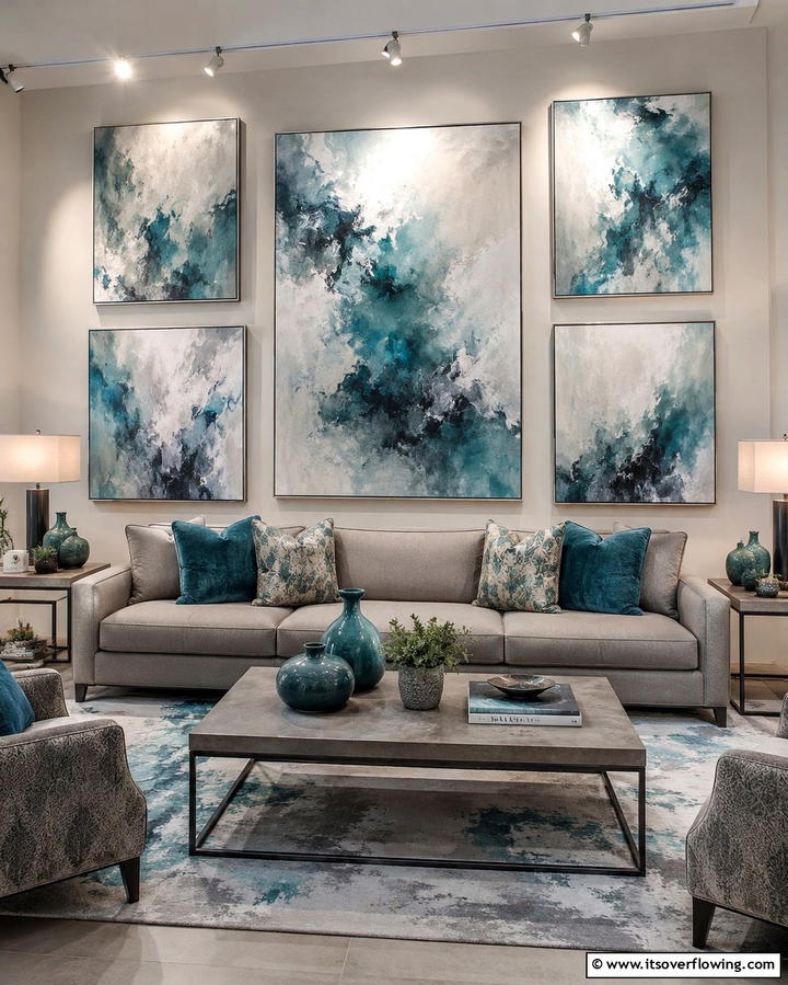 Teal and Grey Abstract Artwork - 20 Teal and Grey Living Room Ideas for a Bold Aesthetic