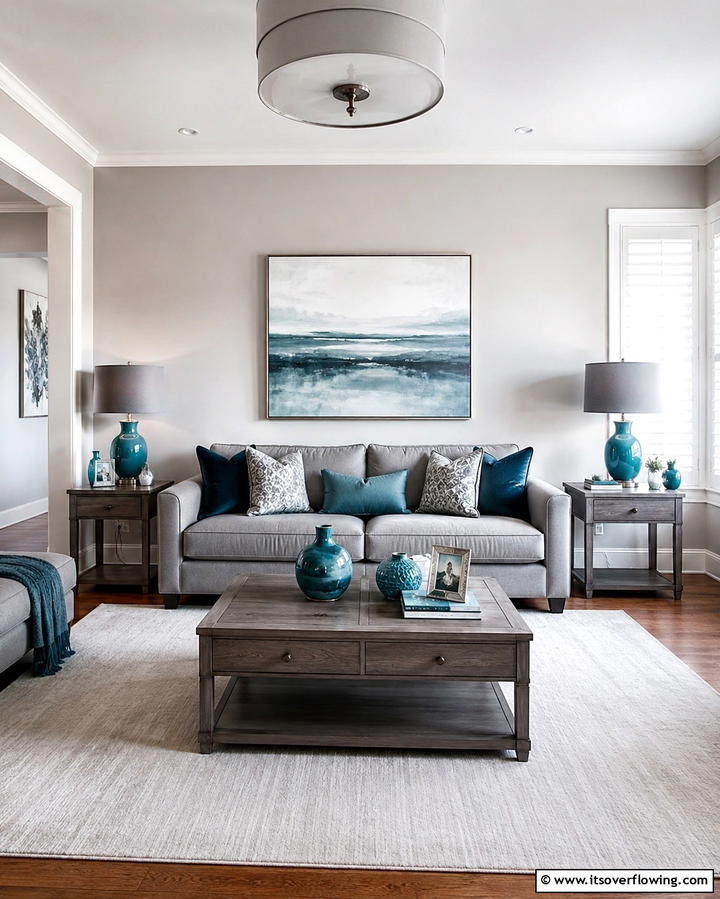 Teal and Grey Accent Wall Duo - 20 Teal and Grey Living Room Ideas for a Bold Aesthetic