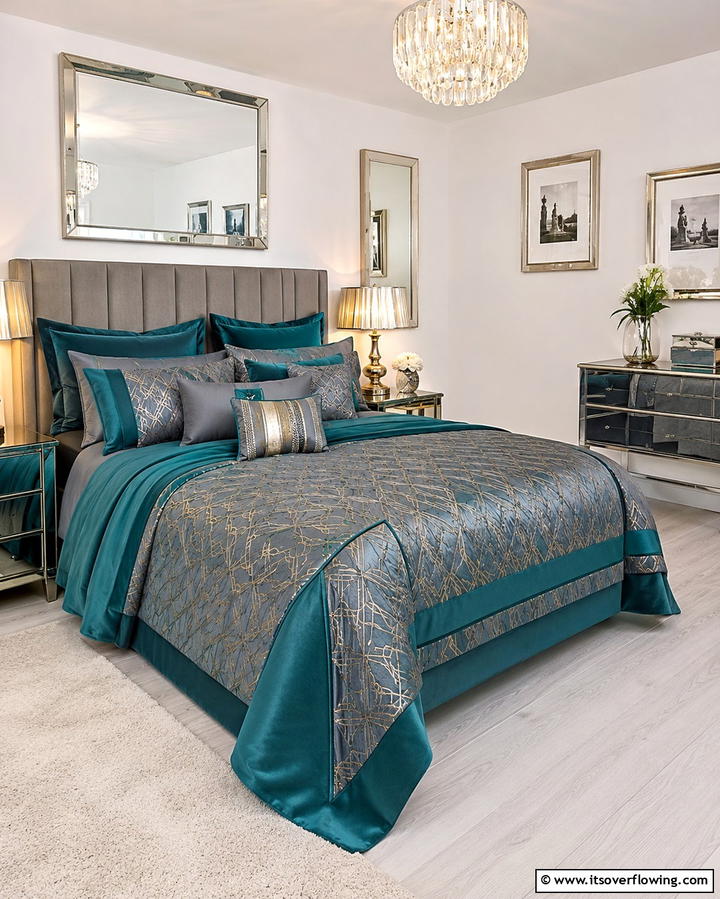 Teal and Grey Bedding with Metallic Accents - 20 Teal and Grey Bedroom Ideas for a Modern Look