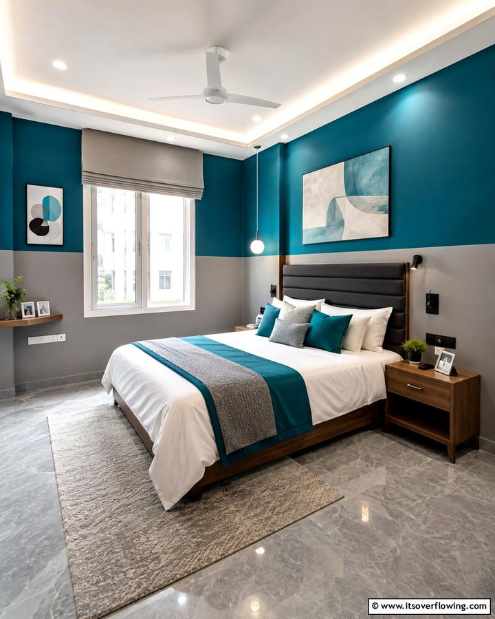 Teal and Grey Color Blocked Walls - 20 Teal and Grey Bedroom Ideas for a Modern Look