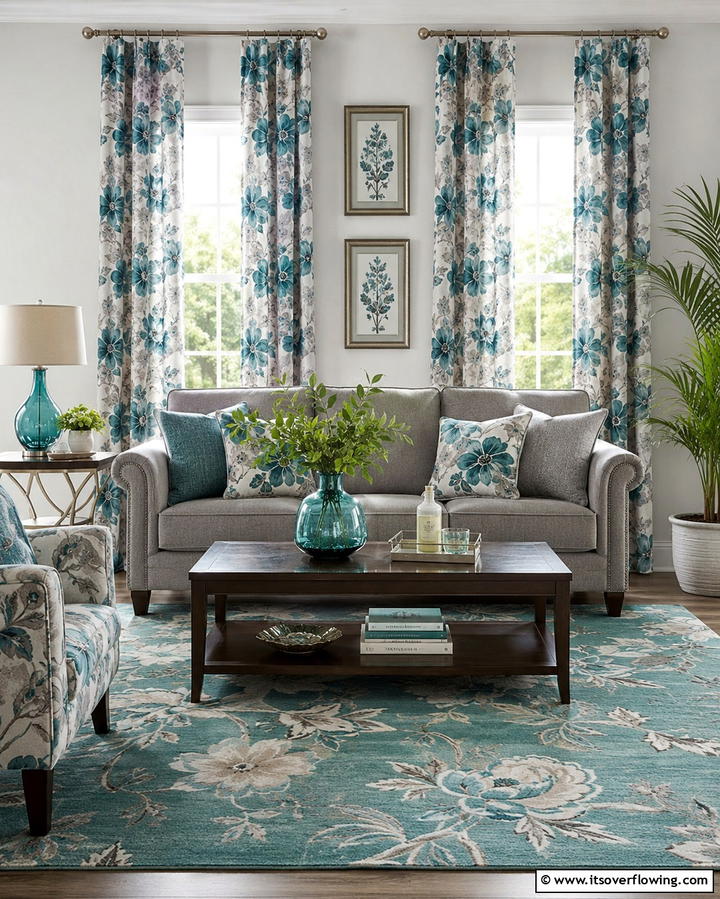 Teal and Grey Floral Patterns - 20 Teal and Grey Living Room Ideas for a Bold Aesthetic