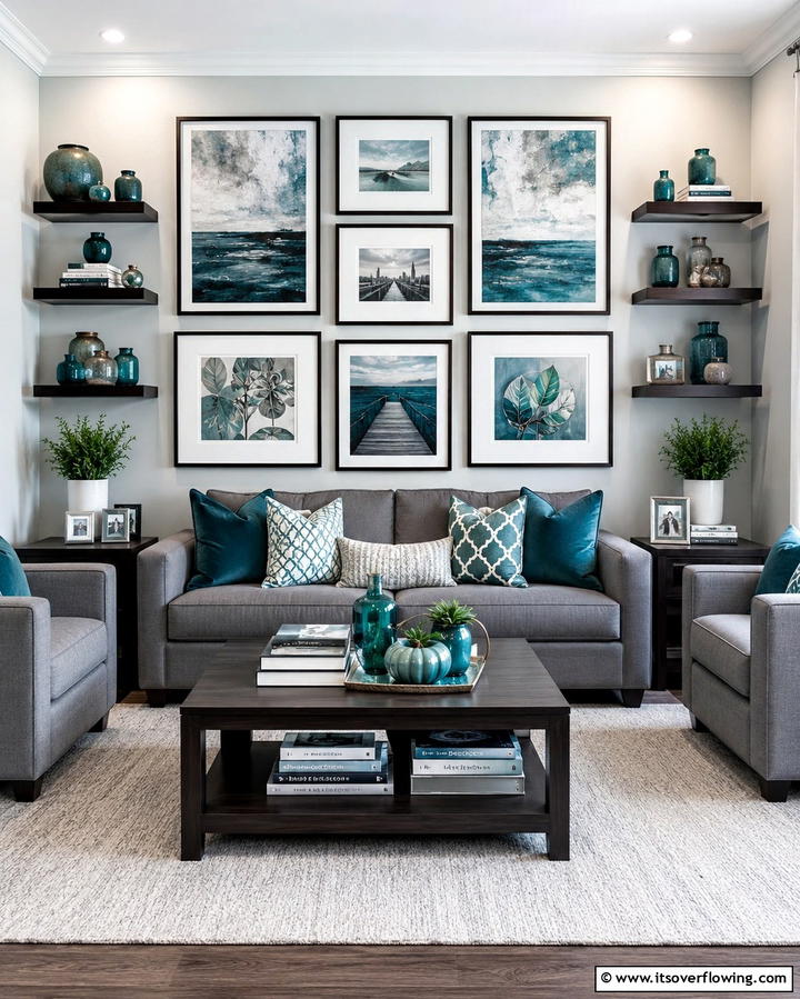 Teal and Grey Gallery Wall - 20 Teal and Grey Living Room Ideas for a Bold Aesthetic