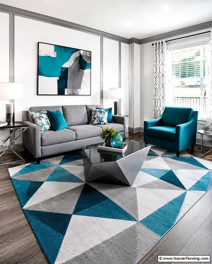 Teal and Grey Geometric Patterns - 20 Teal and Grey Living Room Ideas for a Bold Aesthetic