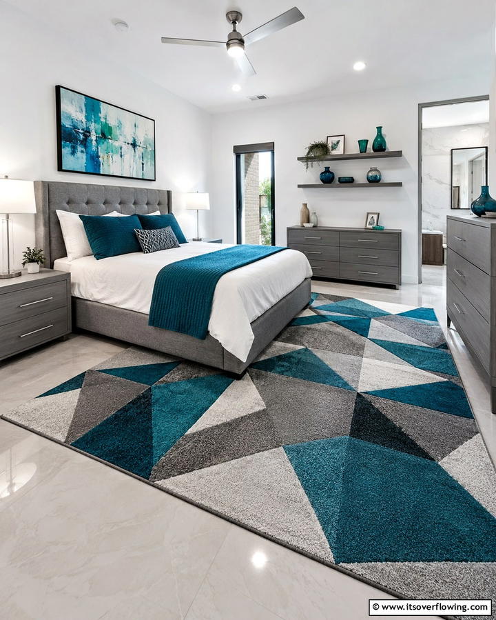 Teal and Grey Geometric Rug - 20 Teal and Grey Bedroom Ideas for a Modern Look