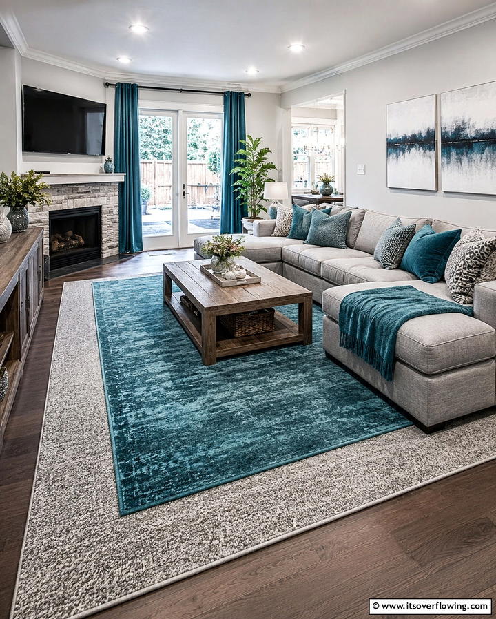 Teal and Grey Layered Rugs - 20 Teal and Grey Living Room Ideas for a Bold Aesthetic
