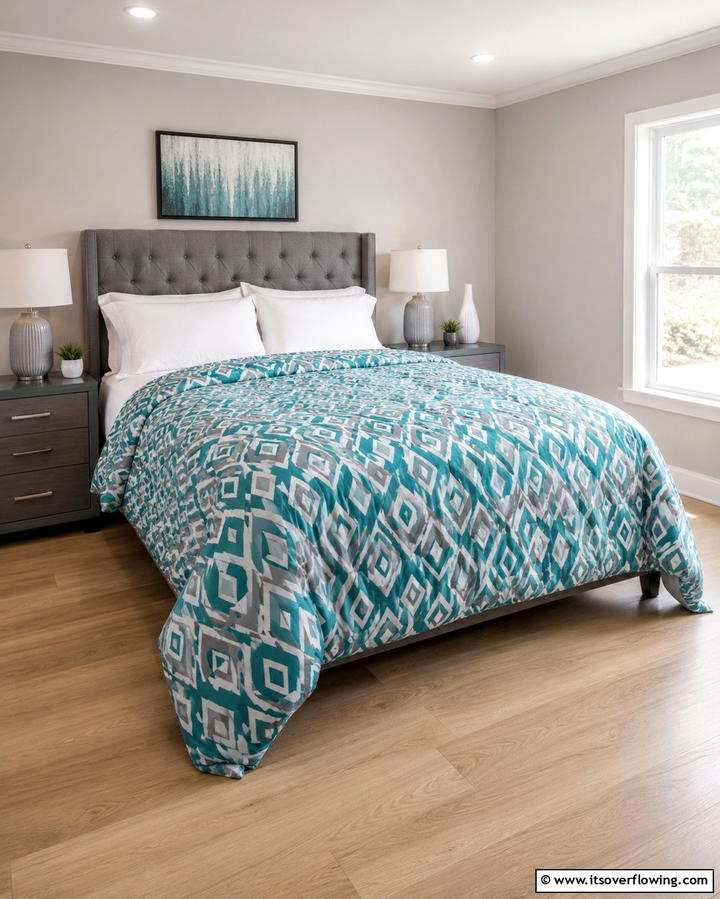 Teal and Grey Patterned Duvet Cover - 20 Teal and Grey Bedroom Ideas for a Modern Look