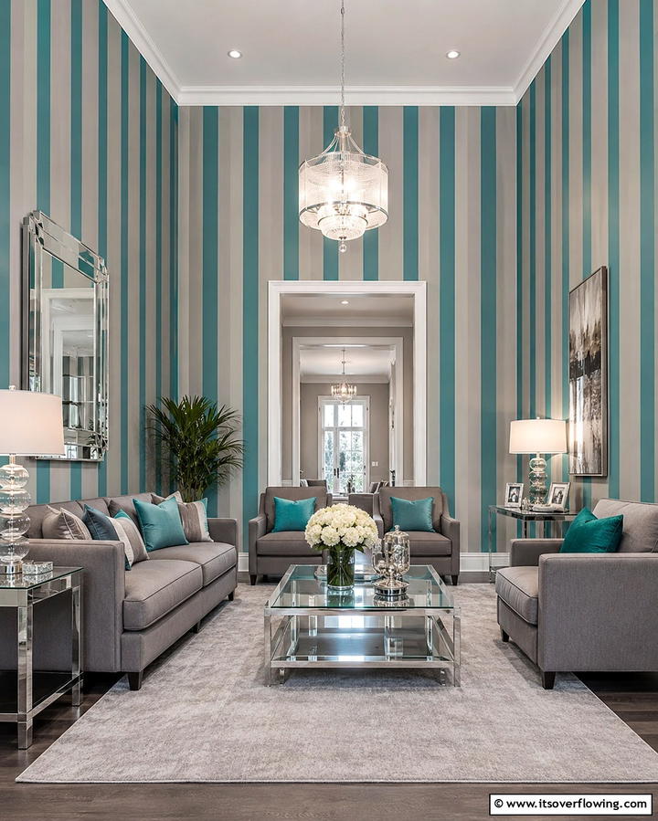 Teal and Grey Striped Wallpaper - 20 Teal and Grey Living Room Ideas for a Bold Aesthetic