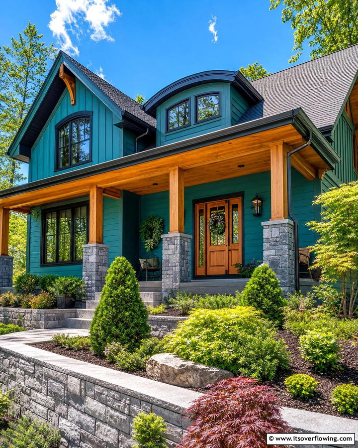 Teal and Natural Stone Accents - 25 Teal House Exterior Ideas for a Bold and Beautiful Look