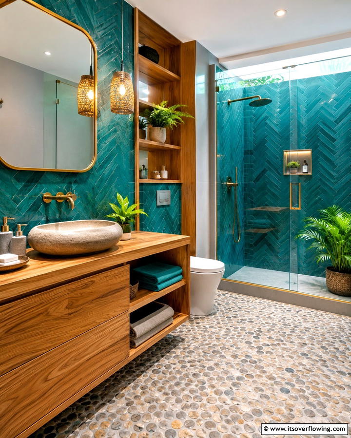 Teal and Natural Wood Elements - 30 Soothing Teal Bathroom Design Ideas for 2024