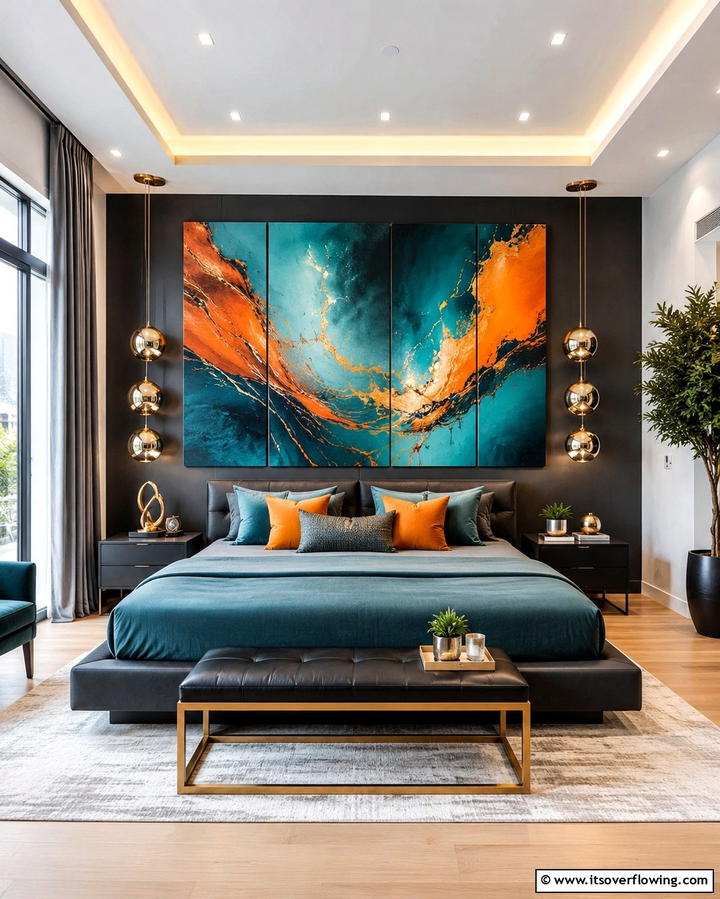 Teal and Orange Abstract Artwork - 25 Teal and Orange Bedroom Ideas for a Vibrant Retreat
