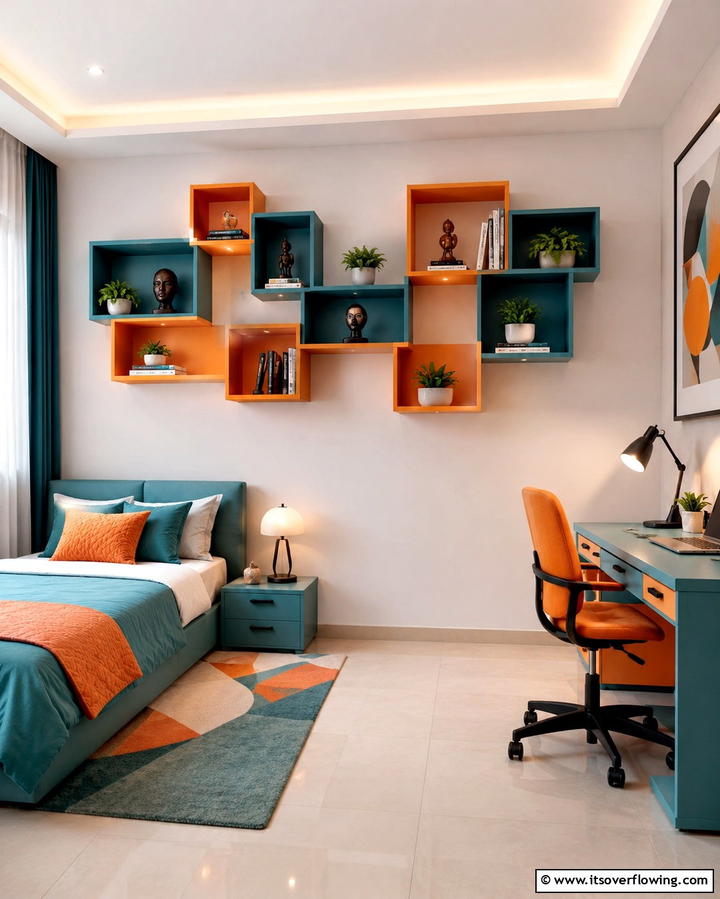 Teal and Orange Decorative Wall Shelves - 25 Teal and Orange Bedroom Ideas for a Vibrant Retreat