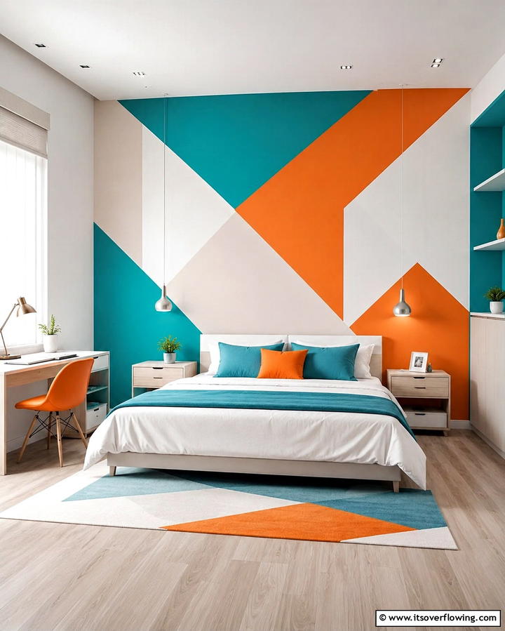 Teal and Orange Geometric Wall Patterns - 25 Teal and Orange Bedroom Ideas for a Vibrant Retreat