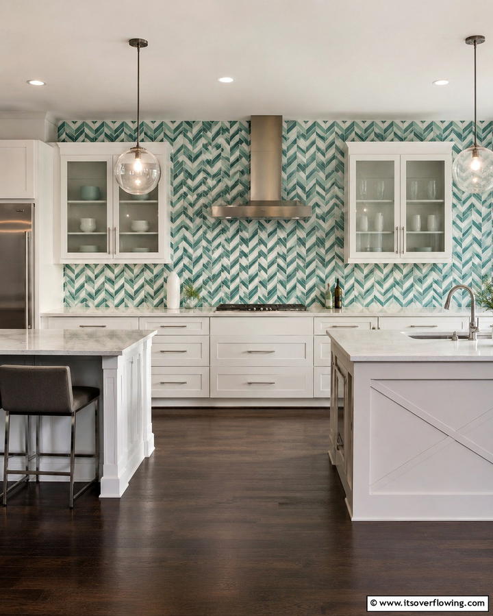 Teal and White Chevron Backsplash - 25 Teal and White Kitchen Ideas for a Fresh Look