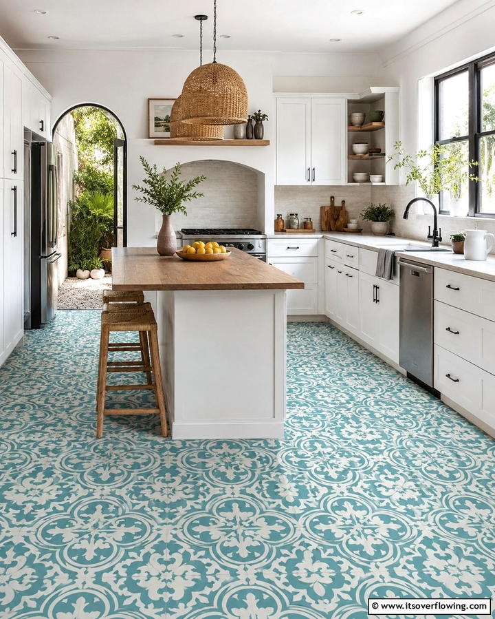 Teal and White Patterned Floor TilesOne - 25 Teal and White Kitchen Ideas for a Fresh Look