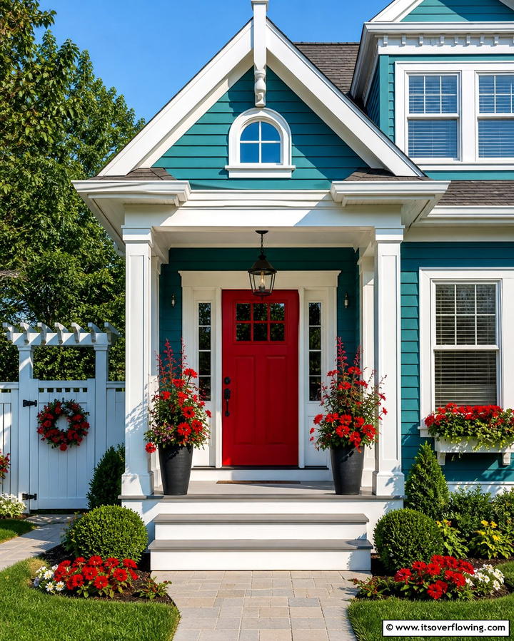 Teal and White with Bold Red Door - 25 Teal House Exterior Ideas for a Bold and Beautiful Look