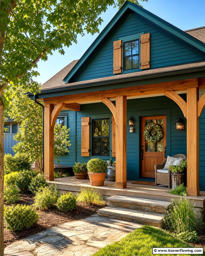 Teal and Wood Rustic Charm - 25 Teal House Exterior Ideas for a Bold and Beautiful Look
