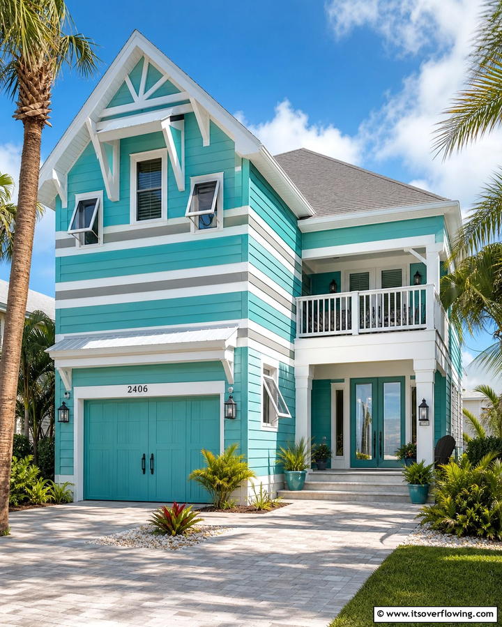 Teal with White and Gray Stripes - 25 Teal House Exterior Ideas for a Bold and Beautiful Look