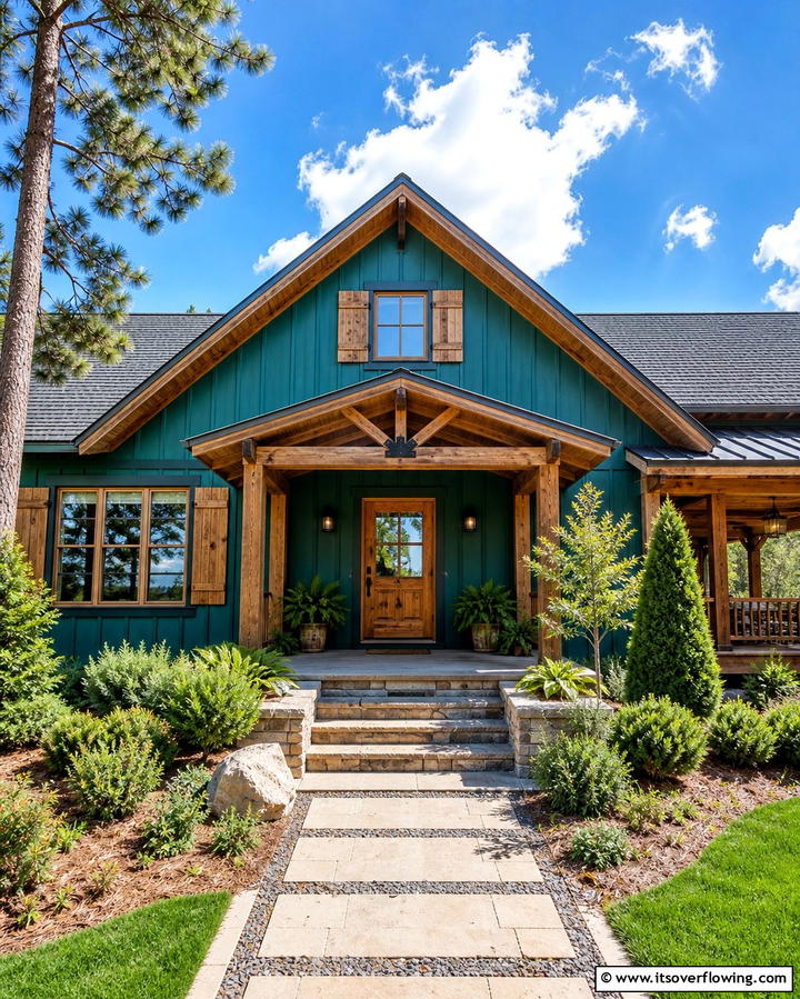 Teal with Wood Accents - 25 Teal House Exterior Ideas for a Bold and Beautiful Look