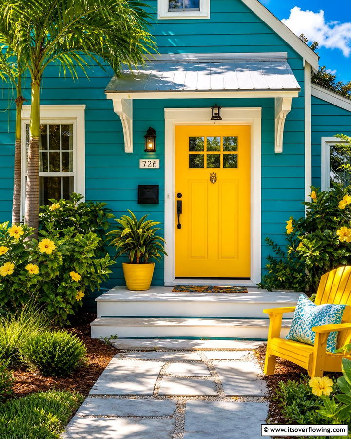 Teal with Yellow Door for Cheerful Vibrance - 25 Teal House Exterior Ideas for a Bold and Beautiful Look