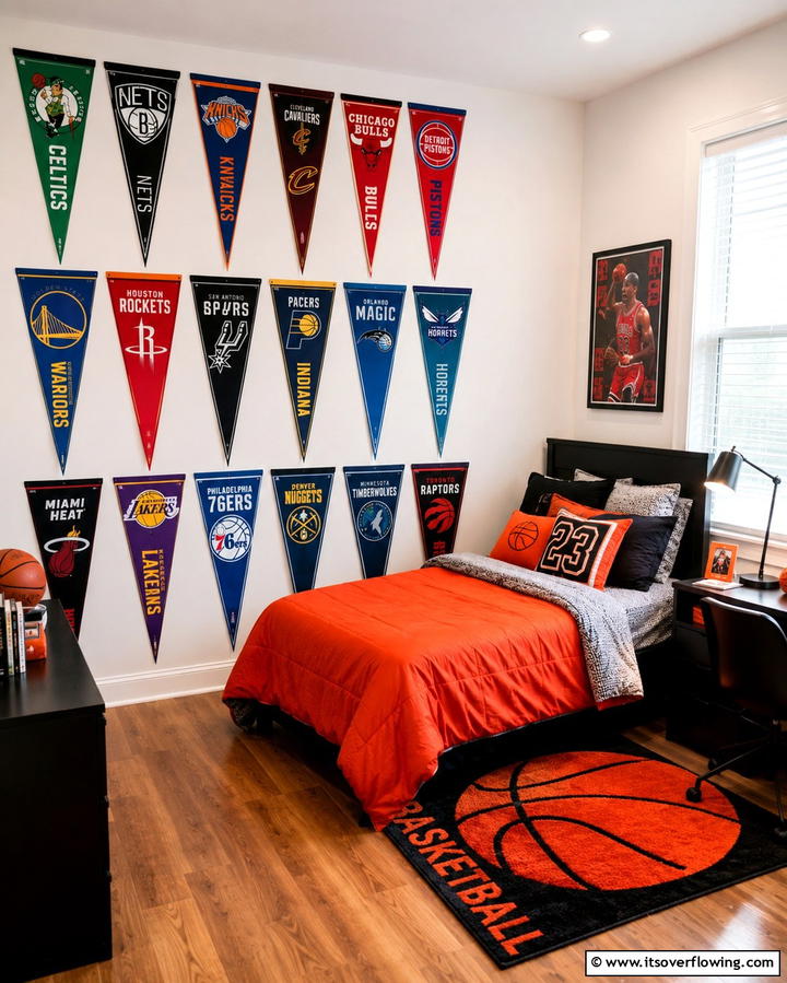 Team Pennant Wall Display - 25 Fun Basketball Room Decor Ideas for Sports Fans