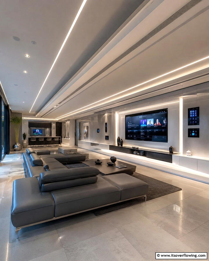 Tech Integrated Living Space - 30 Great Room Ideas to Elevate Open-Concept Living
