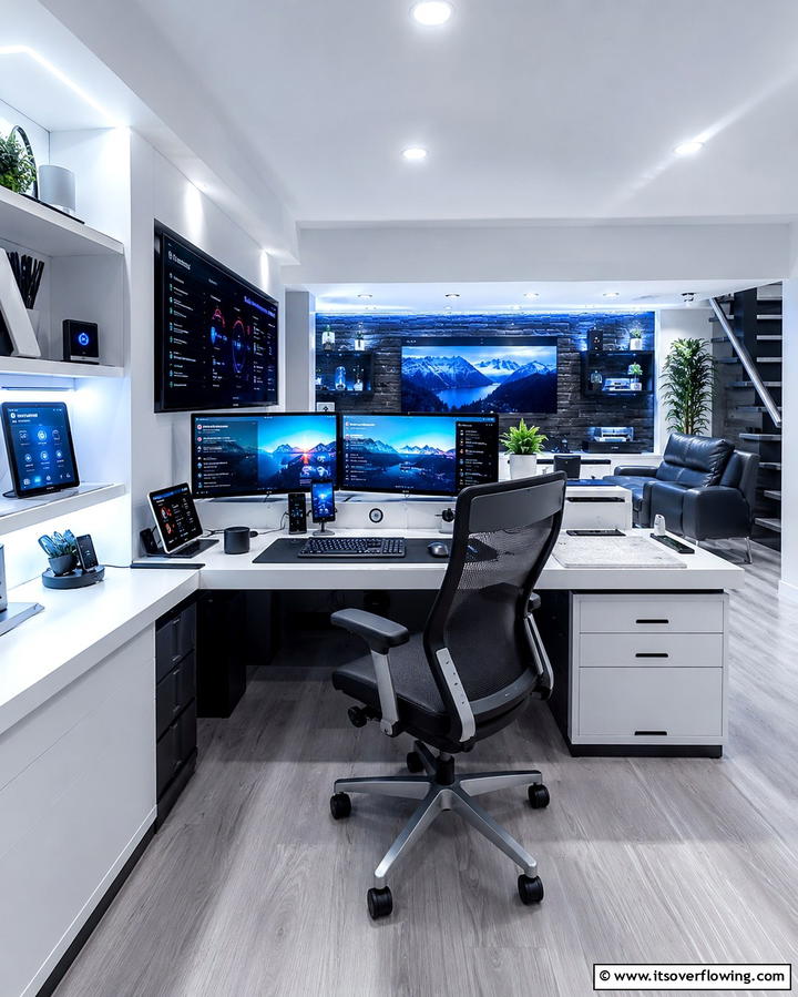 Tech Integrated Productivity Hub - 30 Basement Office Ideas for Productive Below-Ground Workspaces
