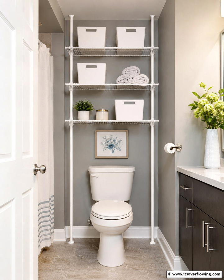 Tension Rod Shelving - 25 Over Toilet Storage Ideas for Small Bathrooms