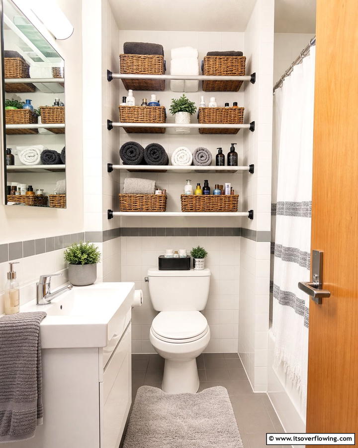 Tension Rod Shelving - 25 Dorm Bathroom Ideas to Maximize Space and Style