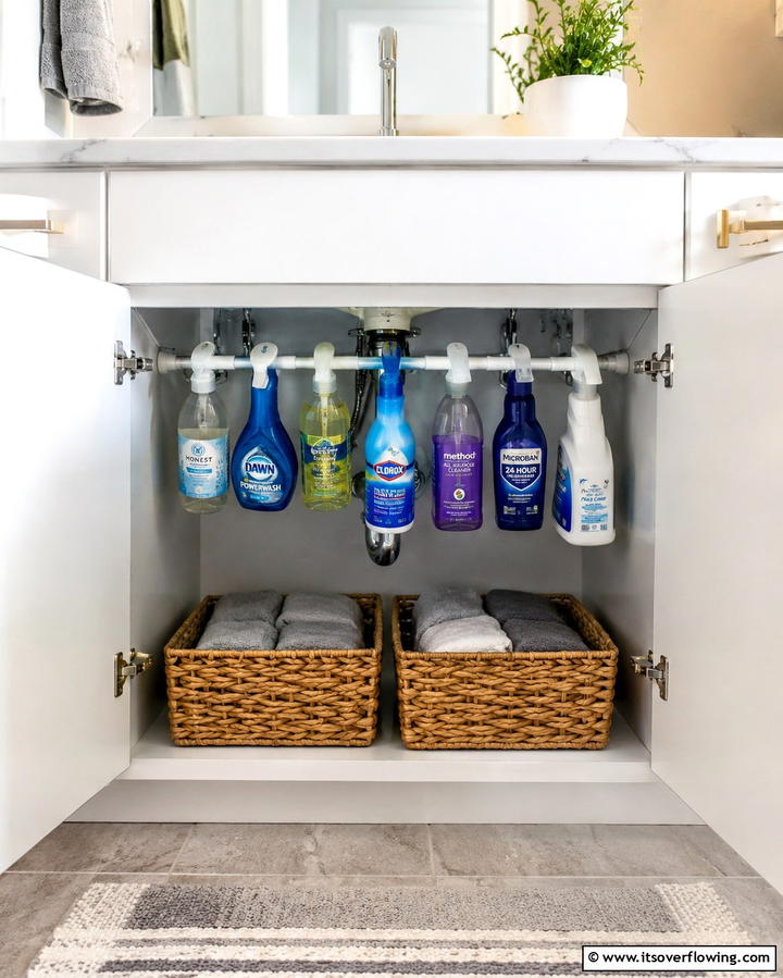Tension Rods for Under Sink Storage - 30 Bathroom Cabinet Organizing Ideas for Clutter-Free Spaces