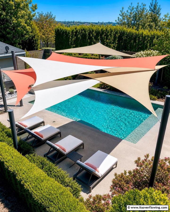 Tensioned Fabric Shade Sails - 17 Pool Shade Ideas for Stylish Outdoor Swimming Areas