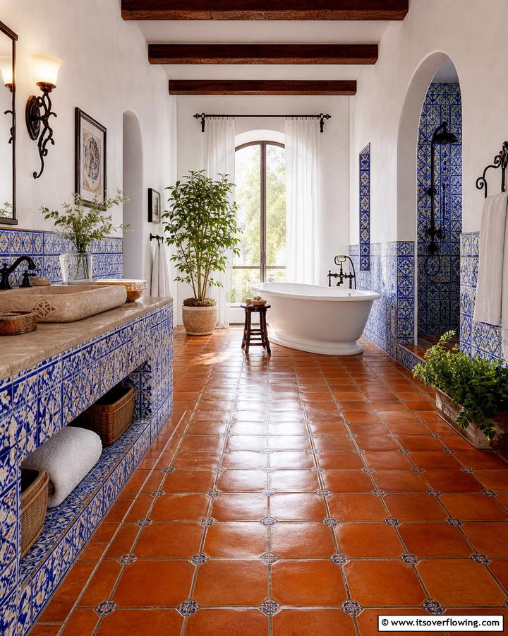 Terra Cotta Flooring Elegance - 30 Spanish Style Bathroom Ideas for Mediterranean Flair