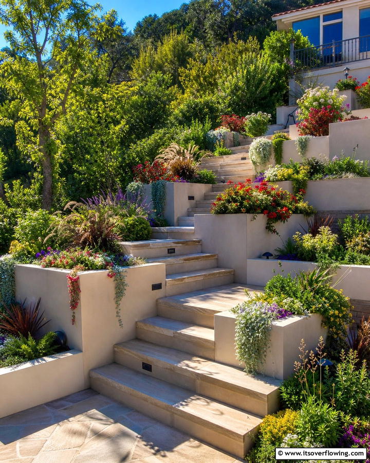 Terraced Steps with Planters - 20 Sloped Walkway Ideas for Beautiful Landscaping