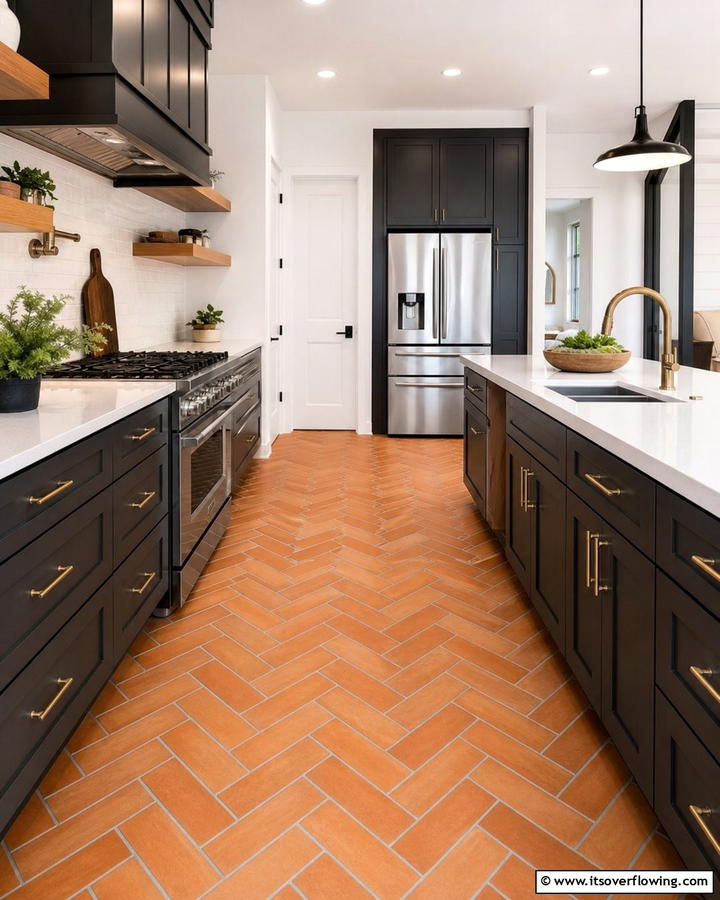 Terracotta Chevron Layout - 25 Terracotta Kitchen Floor Ideas for a Rustic Charm