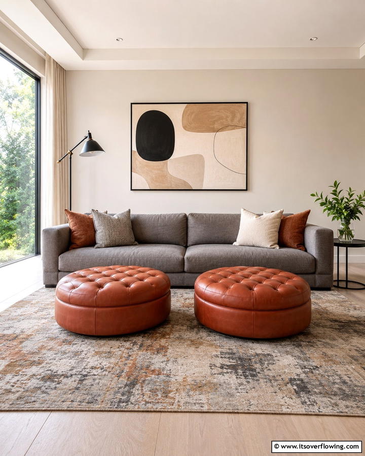Terracotta Cushioned Ottomans - 25 Terracotta Living Room Ideas for a Warm Vibe