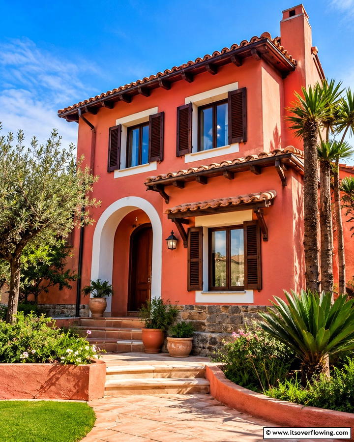 Terracotta Pink with White and Brown - 25 Pink House Exterior Ideas for a Charming Look