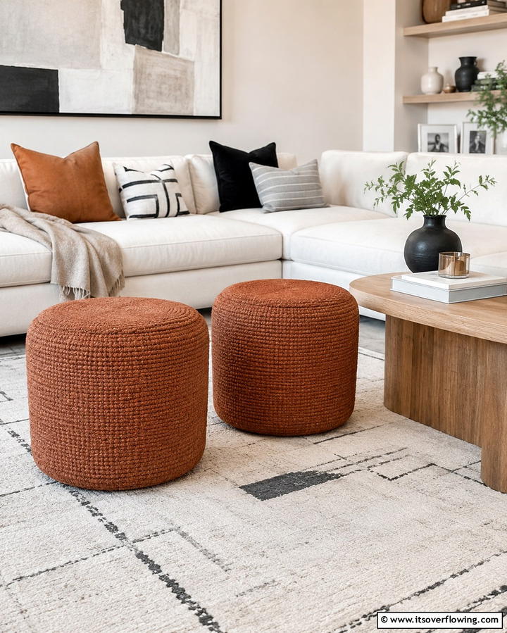 Terracotta Poufs - 25 Terracotta Living Room Ideas for a Warm Vibe