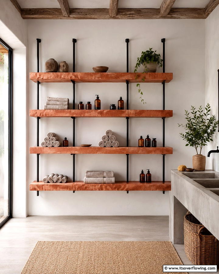 Terracotta Shelving for Functional Style - 25 Terracotta Bathroom Ideas for an Earthy Retreat