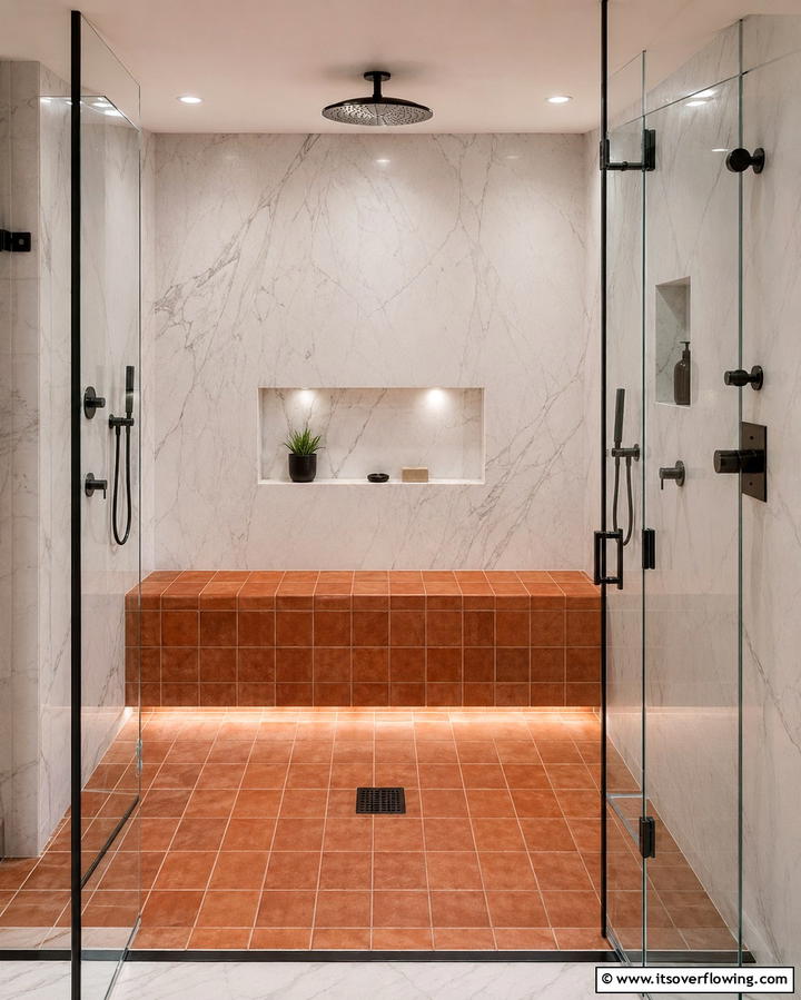 Terracotta Shower Bench for Comfort and Style - 25 Terracotta Bathroom Ideas for an Earthy Retreat