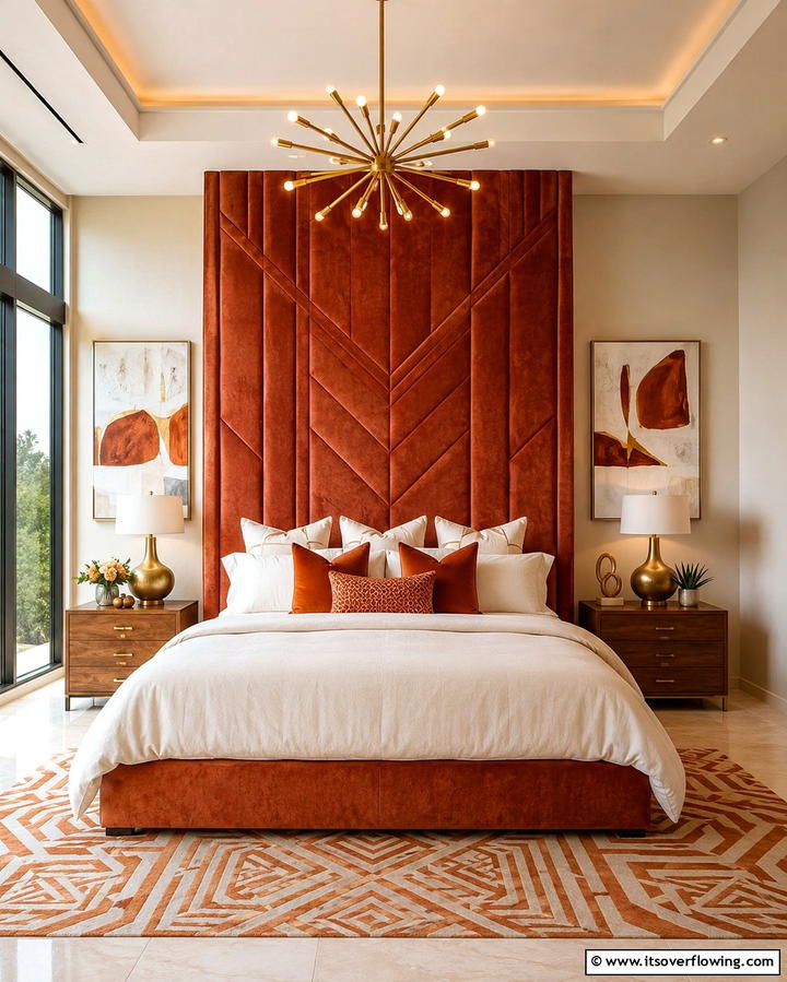Terracotta Upholstered Headboard - 20 Terracotta Bedroom Ideas for a Warm and Cozy Space